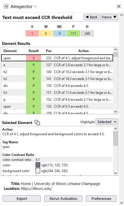 Screen shot of AInspector Element Results view